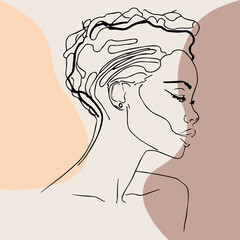 Beautiful black woman, line vector art. Drawing with boho elements colors.Elegant line art.