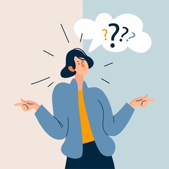 Young pensive thoughtful confused woman cartoon character standing and choosing between two ways pointing in other sides. Choice, thinking, doubt, problem concept. 