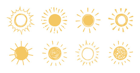 doodle sun sketch illustration. hand drawn cute orange sun set. scribble doodle children drawn style