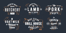 Farm Animals Logo Set. Butchery, Grill, Meat, Dairy Logos. Cow, Goat, Chicken, Pig, Lamb Silhouettes. Retro Print. Vintage Poster Template. Vector Illustration