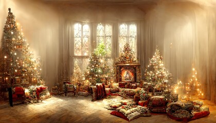 Sticker - Traditional Christmas room, fireplace, armchair and Christmas tree vintage background.