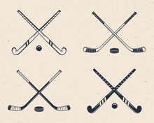 Ice And Gross Hockey Sticks. Crossed Ground Hockey Cues. Ice Hockey Cues. Hockey Icons. Vector Illustration