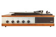 Front view of a vintage turntable with knobs for volume, bass, balance and treble
