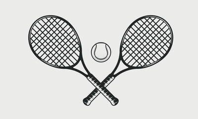 Wall Mural - Tennis rackets and ball silhouettes isolated on white background. Crossed Tennis rackets. Vintage design elements for logo, badges, banners, labels. Vector illustration