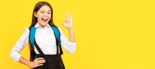 Wall Mural - winking happy child in school uniform carry backpack showing ok gesture, excellent pupil. Horizontal isolated poster of school girl student. Banner header portrait of schoolgirl copy space.