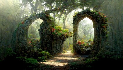 Wall Mural - Spectacular natural scene with a portal archway covered in forest. In the fantasy world, ancient magical stone gate show another dimension. Digital art .