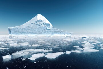 Wall Mural - big iceberg surrounded by small scraps of floating ice pieces in the calm dark blue ocean, generativ