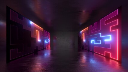 Wall Mural - 3d render, abstract background with empty dark room illuminated with red blue neon light. Laser lines labyrinth, virtual reality space