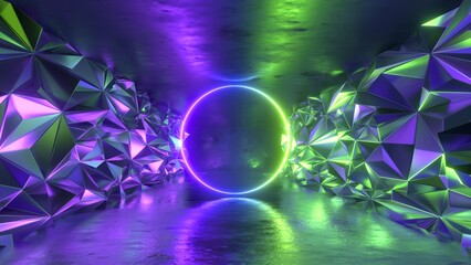 Wall Mural - 3d render, abstract neon background. Empty room with crystallized wall panels and glowing ring. Futuristic tunnel or corridor