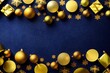Christmas baubles and gift boxes on dark blue background with copy space in the center