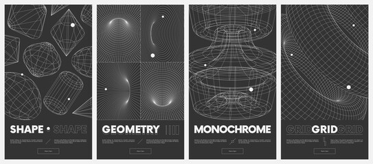 Leinwandbilder - Collection vector posters with strange wireframes of geometric shapes modern design inspired by brutalism, abstract 3d spheres and grids set 7