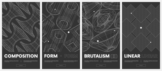 Fototapete - Collection vector posters with strange wireframes of geometric shapes modern design inspired by brutalism, 3d structure physical figures set 6