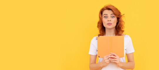 Student or female teacher with book. surprised girl hold copybook on yellow background, knowledge. Woman isolated face portrait, banner with copy space.