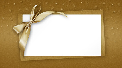 Poster - Christmas Blank gift greeting card ticket with shiny golden ribbon bow, isolated on beige background with sparkle stars, top view white copy space template for promotion shopping advertising banner