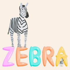 A cartoon character of an educational zebra with the name of the animal. Isolated vector illustration.