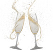 Two glasses of champagne in a splashing brindisi during new year's eve or holidays celebrations, transparent, suggested use on dark backgrounds for holidays compositions.