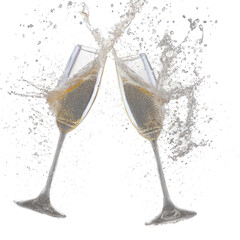 Two glasses of champagne in a splashing brindisi during new year's eve or holidays celebrations, transparent, suggested use on dark backgrounds for holidays compositions.