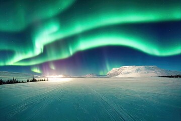 Wall Mural - green aurora borealis, polar lights over ice and snow landscape