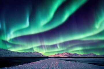 Wall Mural - green aurora borealis, polar lights over ice and snow landscape