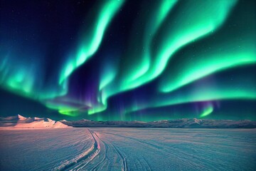 green aurora borealis, polar lights over ice and snow landscape