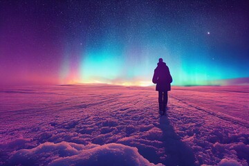Wall Mural - walking over ice lake with aurorra borealis, polar lights in the sky, generative ai