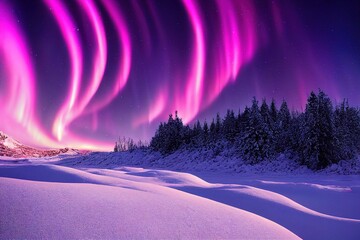 Wall Mural - pink aurora borealis, northern lights over ice and snow landscape