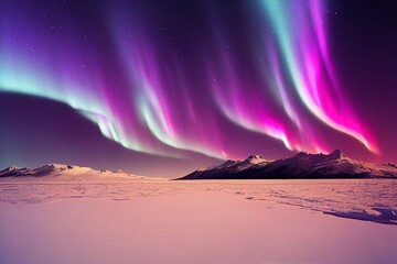 Wall Mural - pink blue aurora borealis, polar lights over ice and snow landscape