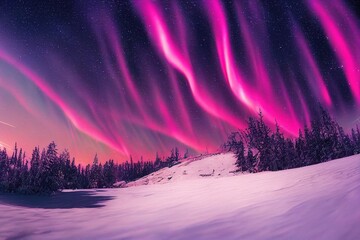 Wall Mural - pink aurora borealis, polar lights, northern lights over ice and snow landscape