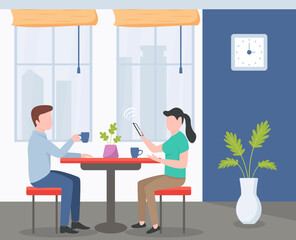 Canvas Print - An illustration of having tea, a couple taking tea at a restaurant. 