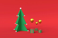 Christmas Tree, Gifts And Balloons. 3d Rendering Copy Space