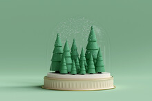Christmas Trees Inside Snow Dome. 3d Render