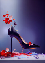 Generic Illustration Of Classic Women High Heels Shoes In Glossy Black Finish And Red Petals With Copyspace Ready As Banner Or Design Template, Digital 3D Illustration With Matte Painting