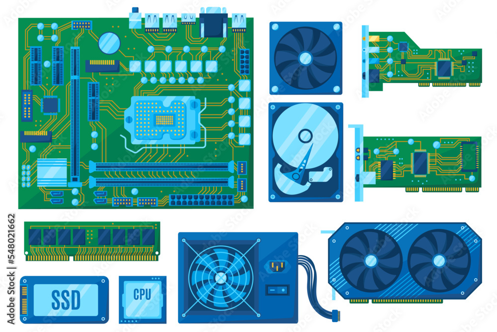 Components for computer build. PC motherboard, HDD and SSD. RAM bar ...