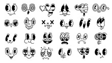 Retro 1930s Facial Expressions. Mascot Faces For Old Animation Characters, Funny Face With Fire, Heart And Star Shaped Eyes Vector Set