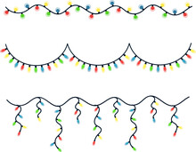 Set Of Garlands With Multicolored Bulbs. New Year Illustration. Vector Image In Flat Style.