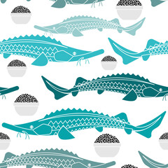  Sturgeon and black caviar pattern seamless. fish background. vector texture