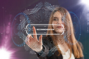 Business, Technology, Internet and network concept. Young businessman working on a virtual screen of the future and sees the inscription: Recommendation