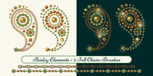 Paisley Ornament In Vintage Style. Jewelry Element Made Of Gold, Copper Ball Beads, Chains, Green Rhinestones, Gems On White And Green Background. Vector Illustration. Two Chain Pattern Brushes Extra