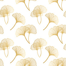 Seamless Pattern, Golden Leaves Of Ginkgo Biloba On A White Background. Print, Textile, Vector