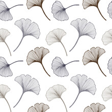 Seamless Pattern, Ginkgo Biloba Leaves On A White Background. Print, Textile, Vector