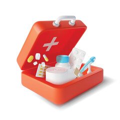 Sticker - 3d Simple Open Red First Aid Kit Plasticine Cartoon Style. Vector illustration of Doctor Suitcase with Medical Supplies