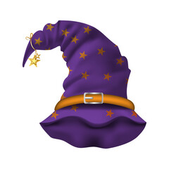 Sticker - Realistic Detailed 3d Wizard Cap or Magic Cap Isolated on a White Background Halloween Symbol. Vector illustration