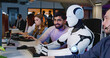 © ihorvsn - Robot working at computer and men observing. Cyborg typing on keyboard. IT team of future. Futuristic worker. Humanoid work at call center. Support job. Technology concept. Digital transformation