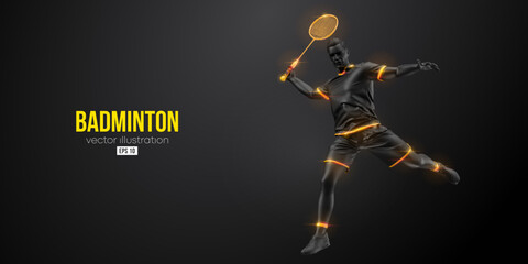 Abstract silhouette of a badminton player on black background. The badminton player man hits the shuttlecock. Vector illustration