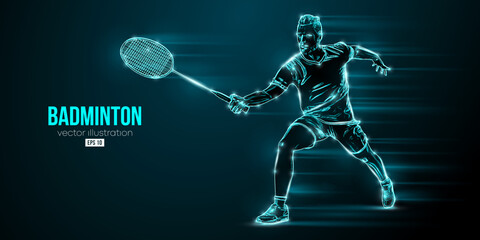 Abstract silhouette of a badminton player on black background. The badminton player man hits the shuttlecock. Vector illustration