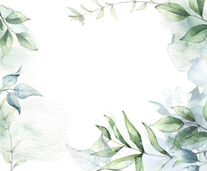 Canvas Print - Watercolor painted isolated airy floral frame template. Green and blue background with branches, leaves and abstract washes. Cut out hand drawn PNG illustration on transparent background. 