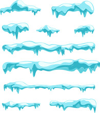 Pieces Of Ice And Snow Chunks, Big Icebergs, Severe Frost Elements For Design, Snowflakes Cartoon Style, Vector Illustration
