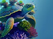 A green sea turtle is seen swimming among tropical seawater plants and corals in blue water. Cheloniidae marine turtles live in all the world's oceans. Marine background with copy space