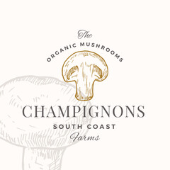 Wall Mural - champignons badge logo template. hand drawn mushrooms sketch with retro typography. premium plant ba
