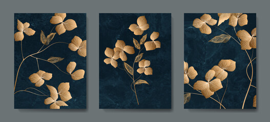 Abstract blue art background with hand drawn flowers and leaves in golden color. Botanical set of prints for decor, interior design, cards, invitations, wallpapers, textiles, poster.